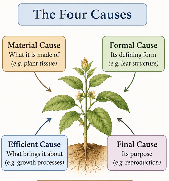 Explanatory diagram of Aristotle's material, formal, efficient and final causes, illustrated using a living plant.