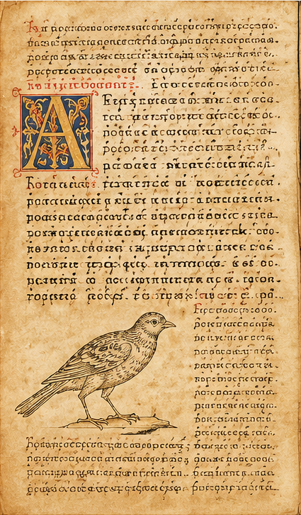 Modern historical-style illustration representing the manuscript transmission of Aristotle's zoological writings.