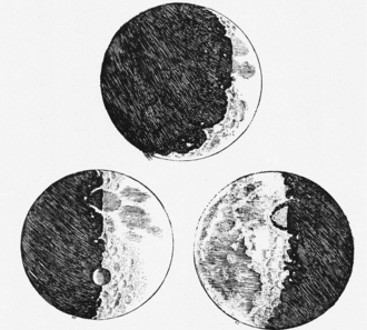 Galileo's drawings of the lunar surface, showing variations in light and shadow observed through a telescope.