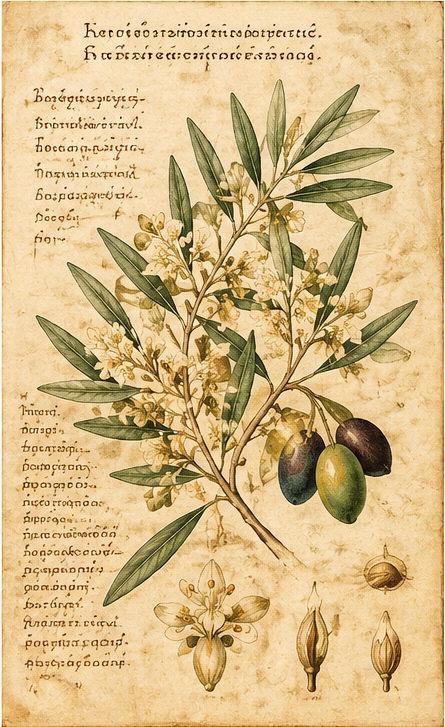 Modern historical-style botanical illustration showing an olive branch, leaves, flowers and fruits.